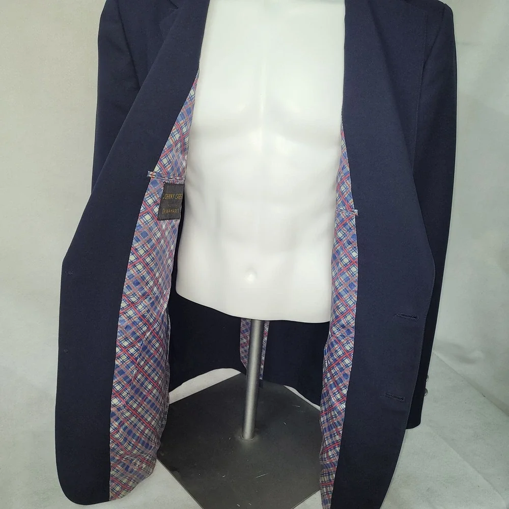 Johnny Carson Men Navy‎ Blue Blazer Sport Coat 44L Vintage Made In USA *Flaw